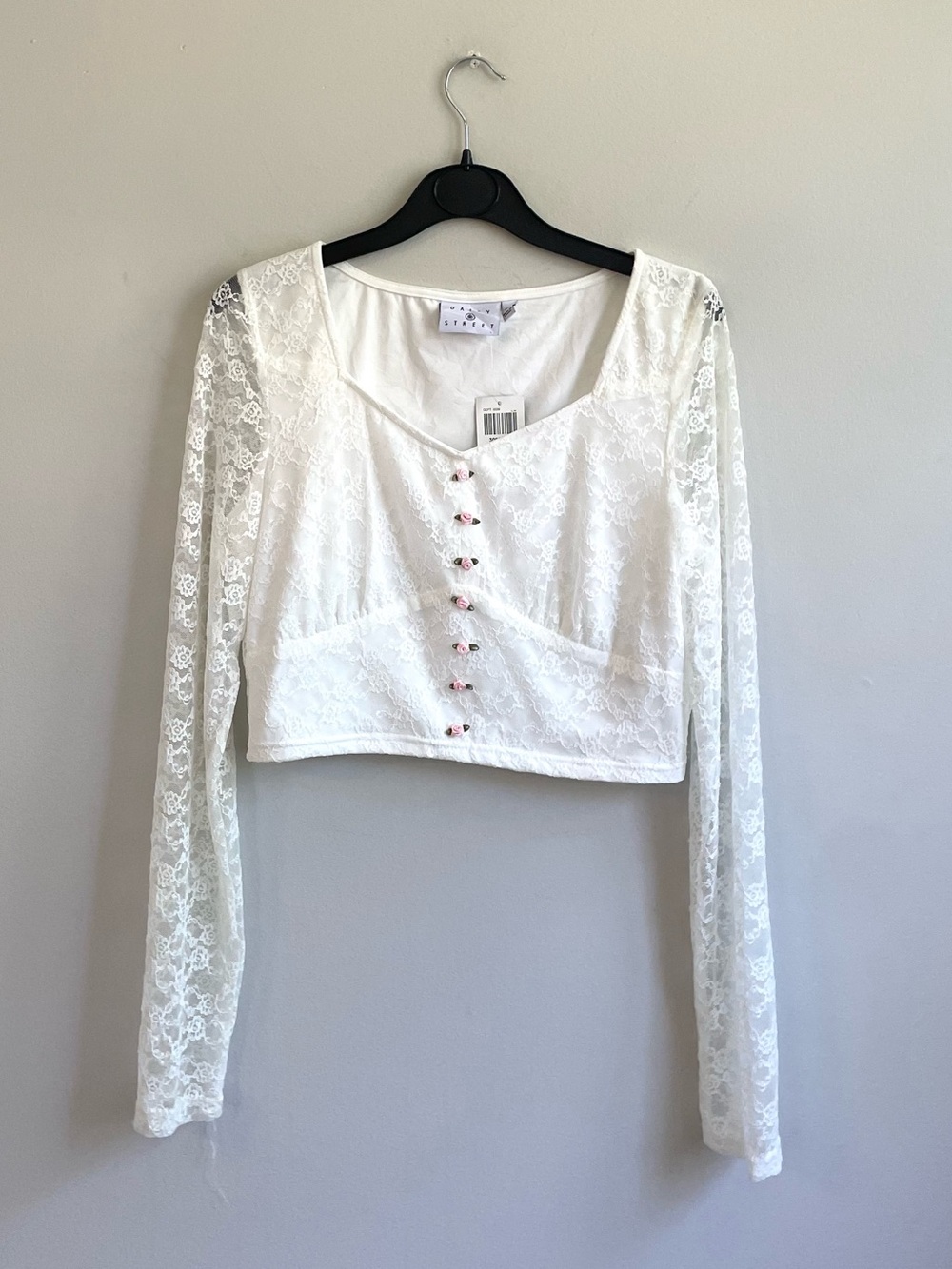 NWT WHITE LACE LONG SHEER SLEEVE CROP TOP PINK ROSETTES HOT TOPIC STRETCH LINED